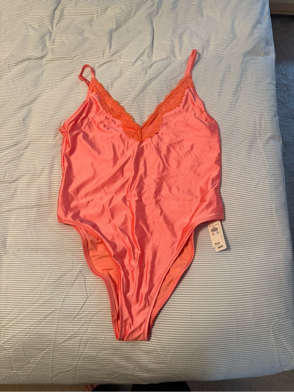 NWT aerie Coral Pink Satin One Piece Bathing Suit with Orange Lace Trim Size L